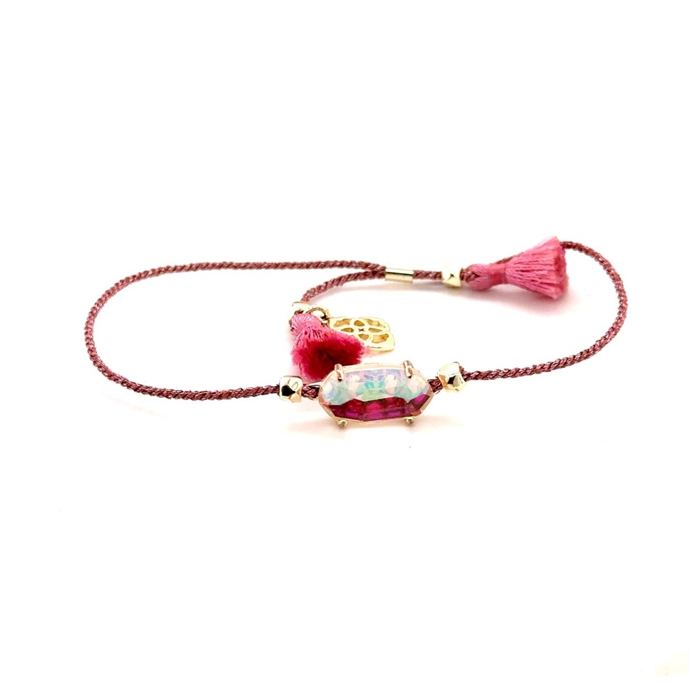 Kendra Scott Pink Cord Friendship Bracelet Iridescent Stone Tassels Gold Tone